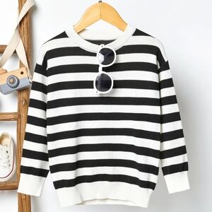 Kid's Classic Black & White Stripe Knit Sweater Long Sleeve Boy's Crewneck 4-5